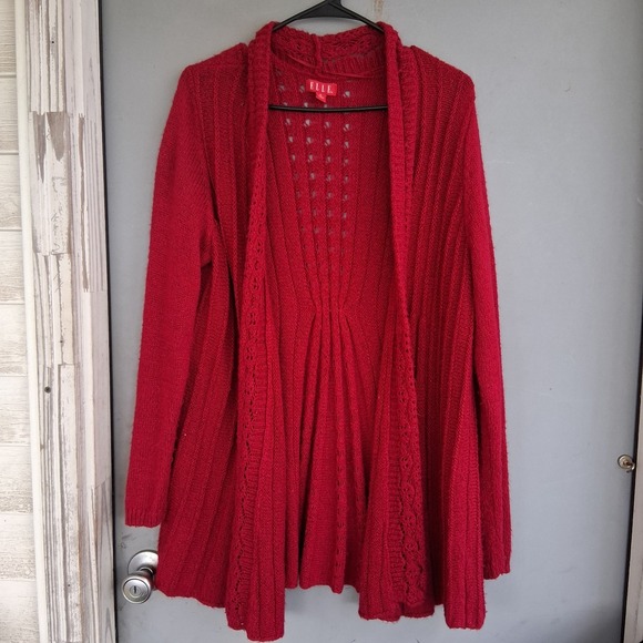 Elle Sweaters - Ladies Long Draped Knit Red Cardigan XL Cinched Waist
